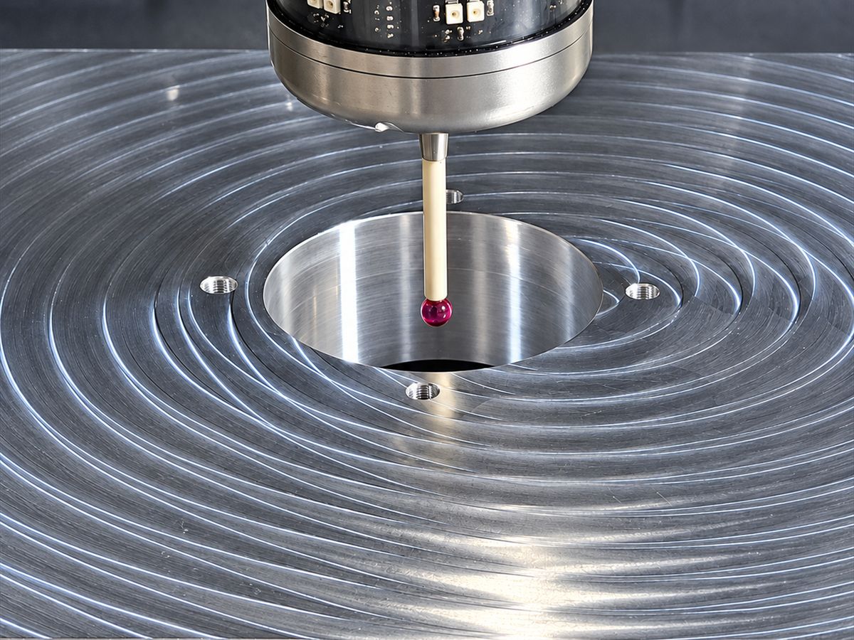 A touch probe on the spindle measuring a bore